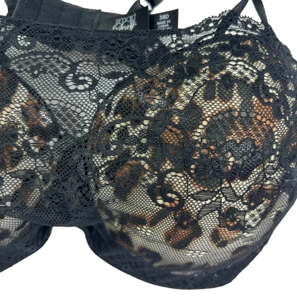 Smart & Sexy Cheetah Print Black Lace Mesh Bra Adjustable Straps Underwire 38D - Picture 4 of 8